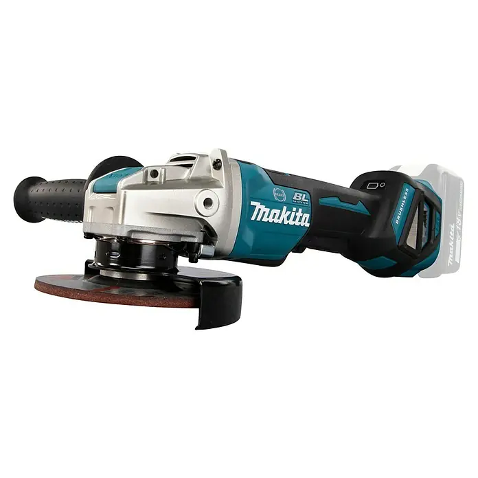 Makita LXT 18V Akku-Winkelschleifer DGA519Z - 18 V, Ohne Akku, Leerlaufdrehzahl: 3.000 U/min - 8.500 U/min - Leistungsstarker Akku-Winkelschleifer von Makita in Türkis und Schwarz mit silbernem Getriebegehäuse und roter Schleifscheibe.