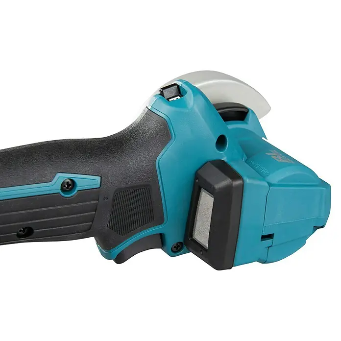 Makita LXT 18V Akku-Trennschleifer DMC300Z - Ohne Akku - Nahaufnahme eines türkis-schwarzen Akku-Trennschleifers mit Schutzhaube.