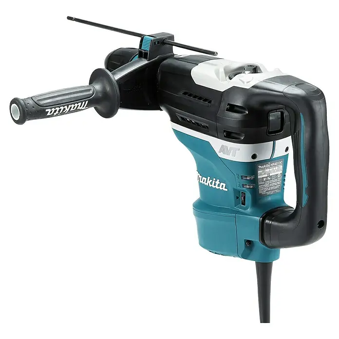 Makita Kombihammer HR4013C - 1.100 W, 8 J, SDS-Max-Aufnahme - Eine schwarze und türkise Makita Bohrhammer mit Seitenhandgriff und Tiefenanschlag.
