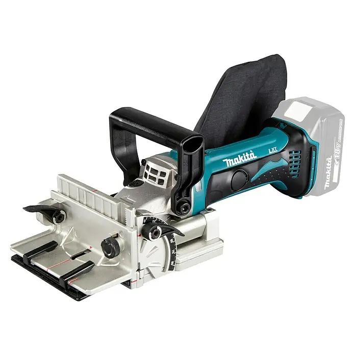 Makita LXT 18V Akku-Flachdübelfräse DPJ180Z - 18 V, Ohne Akku, 0 Ah, Schnitttiefe: 20 mm - Makita 18V LXT Akku-Flachdübelfräse in Türkis und Schwarz mit silbernen Komponenten, Staubfangbeutel und herausnehmbarem Akku.