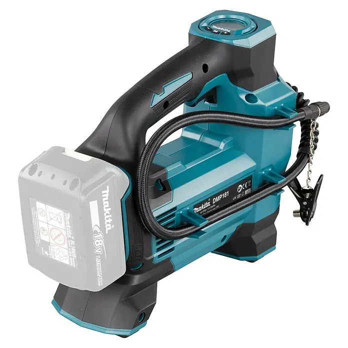 Makita LXT 18V Compresor de batería DMP181Z - 18 V, Sin batería, 11,1 bar - Inflador/bomba de aire inalámbrica Makita 18V en turquesa y negro con batería, manguera y pantalla digital.