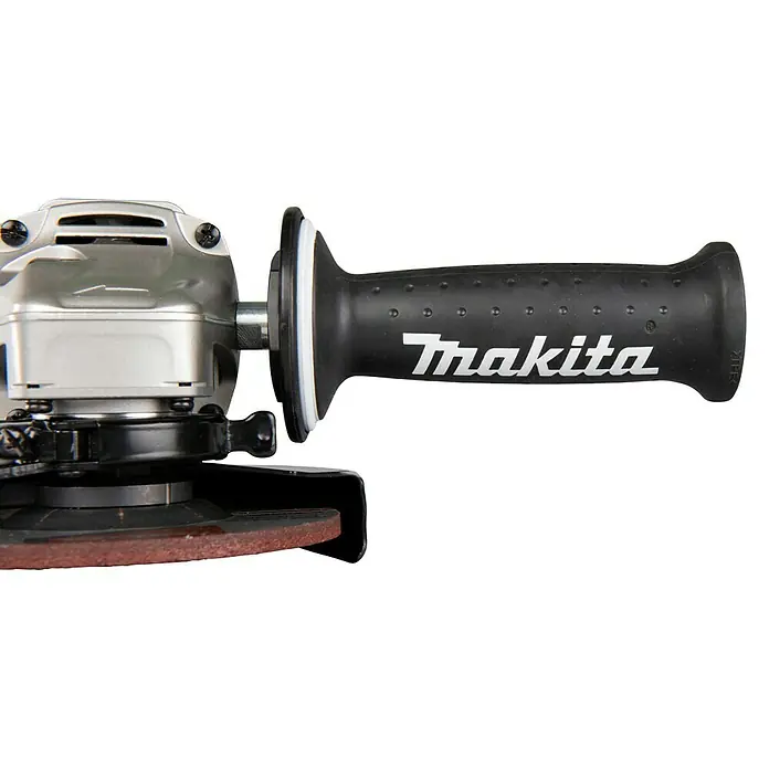 Makita LXT 18V Akku-Winkelschleifer DGA504Z - 18 V, Li-Ionen, Ohne Akku, Durchmesser Scheibe: 125 mm - Makita Winkelschleifer mit silbernem Gehäuse, schwarzem Griff und roter Schleifscheibe.