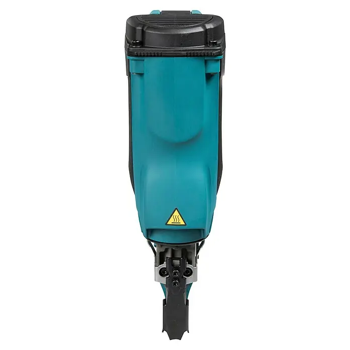 Makita Akku-Gasnagler GN900SE - 7,2 V, 2 Akkus, Länge Nagel: 50 mm - 90 mm - Türkis-schwarzes Elektrowerkzeug, eventuell ein Nagler oder Hefter, mit Heißflächen-Warnsymbol.