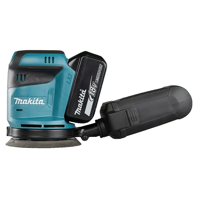 Makita LXT 18V Lijadora excéntrica de batería DBO180RTJ -  - Lijadora orbital inalámbrica Makita turquesa y negra con batería y bolsa de recolección de polvo.