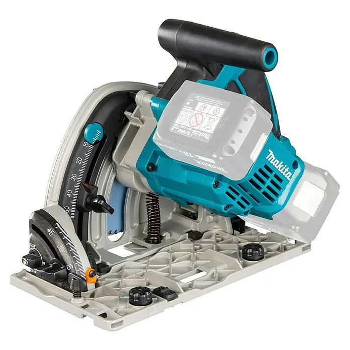 Makita LXT 18V Akku-Tauchsäge DSP600ZJ - 18 V, Ohne Akku, 2.500 U/min - 6.300 U/min - Eine türkis-graue Makita Akku-Kreissäge mit schwarzem Griff und grauer Bodenplatte, mit sichtbaren Skalen für Schnittwinkeleinstellungen.