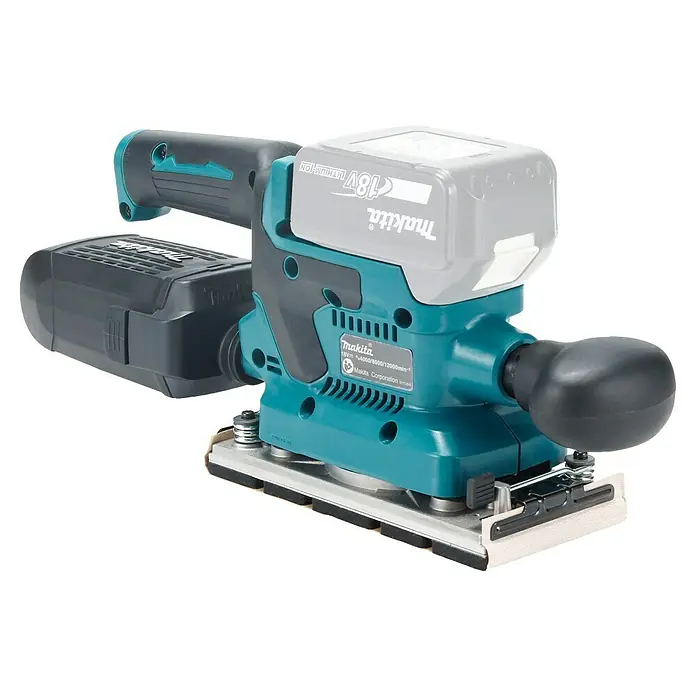 Makita LXT 18V Akku-Schwingschleifer DBO382Z - 18 V, Ohne Akku - Türkisfarbene und schwarze Makita 18V Akku-Schleifmaschine mit grauem Lithium-Ionen-Akku.