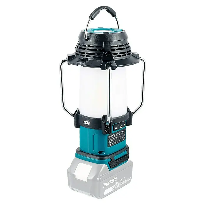 Makita LXT 18V Radio de batería con linterna DMR056 - 18 V, Sin batería, Flujo luminoso: 310 lm - Linterna radio inalámbrica Makita turquesa y negra con asas metálicas, alimentada por una batería LXT de 18V gris.