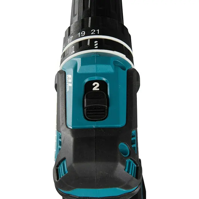 Makita LXT 18V Akku-Schlagschrauber DHP485Z - 18 V, Ohne Akku, 50 Nm - Schwarzer und türkiser Akkuschrauber mit Drehmomentring (17-21) und Gangwahlschalter (auf 2).
