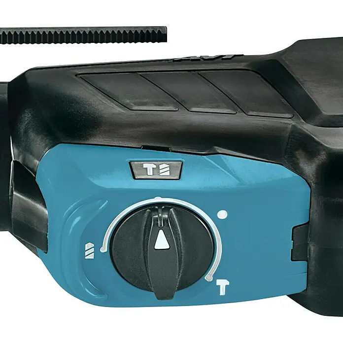 Makita Kombihammer HR2631FT13 - 800 W, 2,4 J, Schnellspannbohrfutter - Nahaufnahme eines schwarz-türkisen Bohrhammergehäuses mit Moduswähler, Taste und gezahnter Führungsschiene.