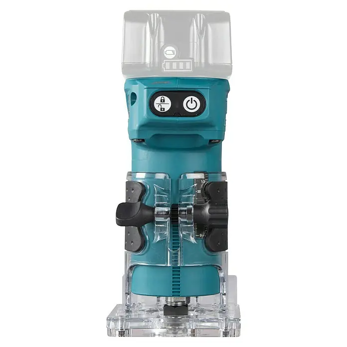 Makita LXT 18V Akku-Kantenfräser DRT52Z - 18 V, Ohne Akku, Leerlaufdrehzahl: 30.000 U/min - Türkise Akku-Oberfräse mit transparentem Boden, Ein-/Aus- und Sperrknöpfen und Tiefeneinstellung.