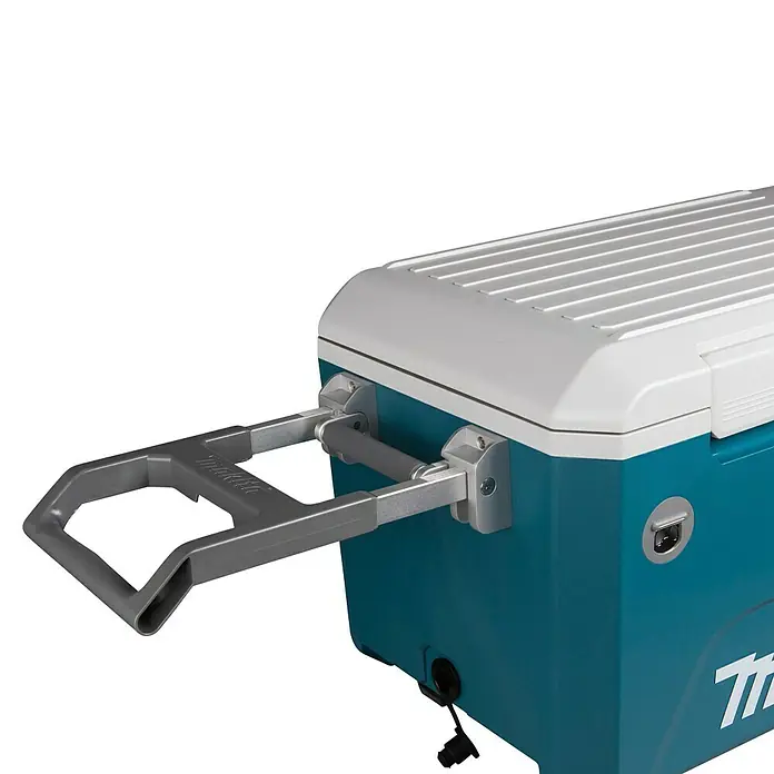 Makita Akku-Kühlbox zum Kühlen & Warmhalten CW002GZ01 - Ohne Akku, 50 l - Türkis-weiße Kühlbox mit ausziehbarem grauen Zuggriff.
