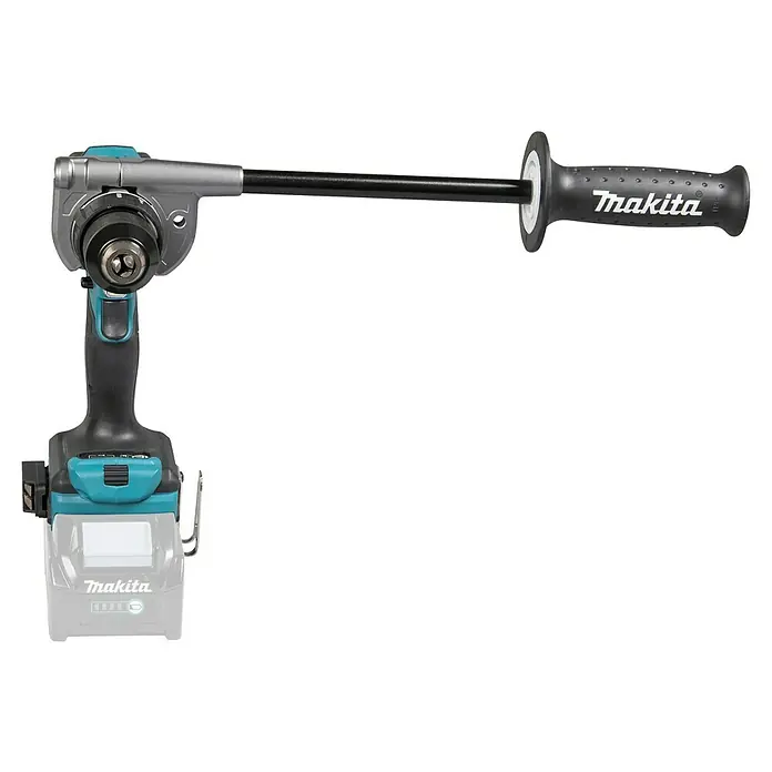 Makita XGT 40V max. Taladro atornillador de batería DF001GZ - 40 V, Sin batería - Taladro angular inalámbrico Makita con cabezal gris, detalles turquesa y empuñadura auxiliar negra.