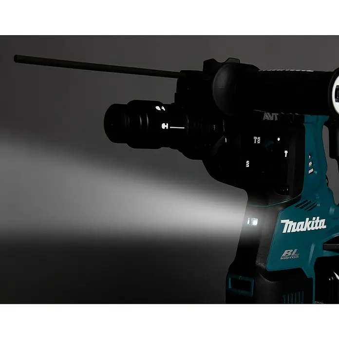 Makita LXT 18V Akku-Kombihammer DHR281ZJ - 36 V, Ohne Akku, 2,8 J - Schwarz-türkiser Makita Bohrhammer mit Bohrer, dessen eingebautes Licht hell leuchtet.