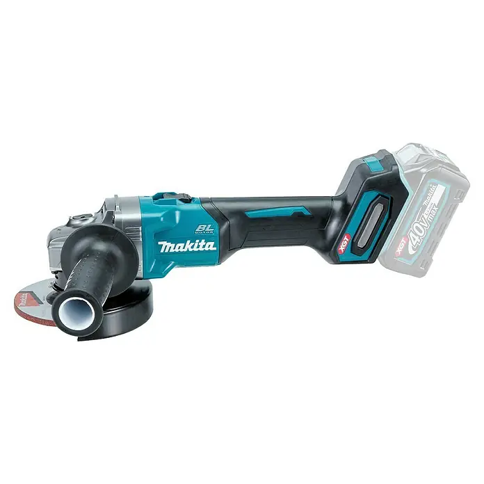 Makita XGT 40V max. Amoladora angular de batería GA008GZ - 40 V, Sin batería, Diámetro disco: 125 mm - Amoladora angular inalámbrica Makita 40V XGT con cuerpo negro y turquesa, cabezal plateado y disco de amolar.