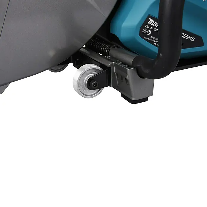 Makita XGT 40V max. Akku-Trennschleifer - Ohne Akku, 5.300 U/min - Nahaufnahme eines grau-türkisen Makita Elektrowerkzeugs mit Metallführungsrad und Federmechanismus.
