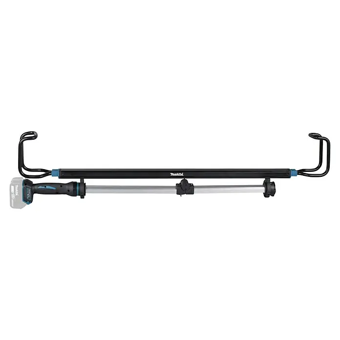 Makita LXT 18V Akku-Stableuchte DML818 - 18 V, Ohne Akku - Makita 18V Akku-Baustrahler mit schwarzem und blauem Gehäuse, silberner Lichtleiste und zwei schwarzen Haken.