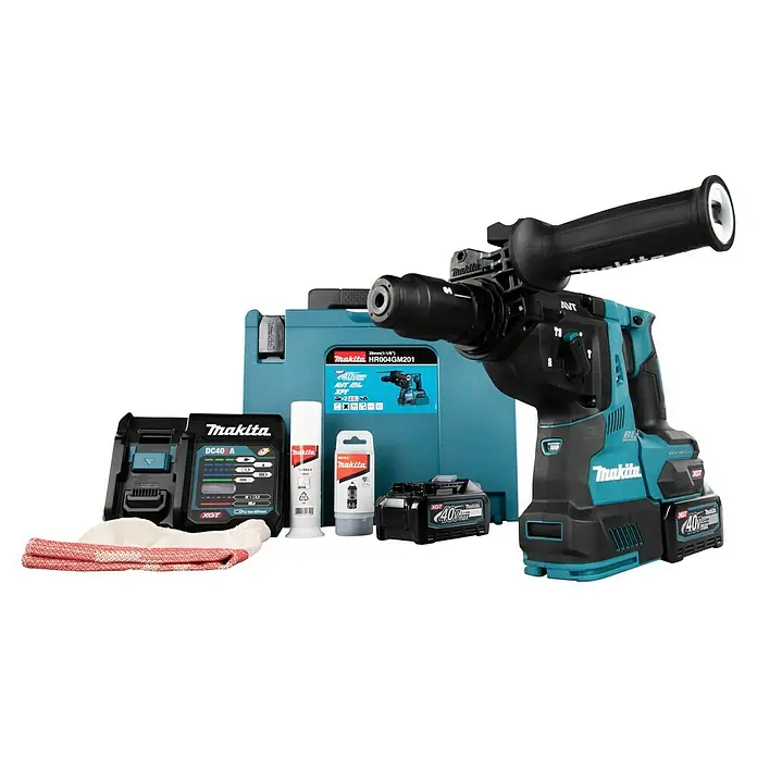Makita XGT 40V max. Akku-Kombihammer HR004GM201 - 40 V, 2 Akkus, 2,9 J - Makita HR004GM201 Akku-Bohrhammer-Set mit Bohrer, 40V Akkus, Ladegerät und Zubehör in Türkis und Schwarz.