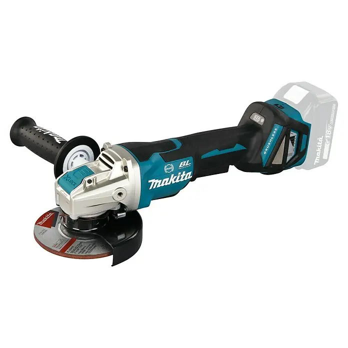 Makita LXT 18V Akku-Winkelschleifer DGA519Z - 18 V, Ohne Akku, Leerlaufdrehzahl: 3.000 U/min - 8.500 U/min - Ein kabelloser Makita Winkelschleifer in Türkis, Schwarz und Silber mit Seitenhandgriff und Schleifscheibe, inklusive austauschbarem Akku.