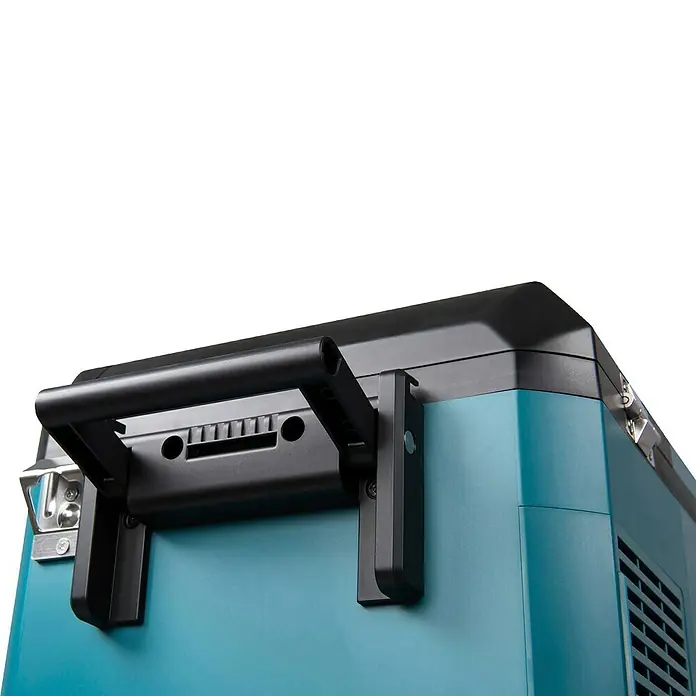 Makita Akku-Kühlbox zum Kühlen & Warmhalten CW004GZ - 18 V, Ohne Akku, 29 l - Türkisblauer und schwarzer tragbarer Kühler mit robustem schwarzem Griff.