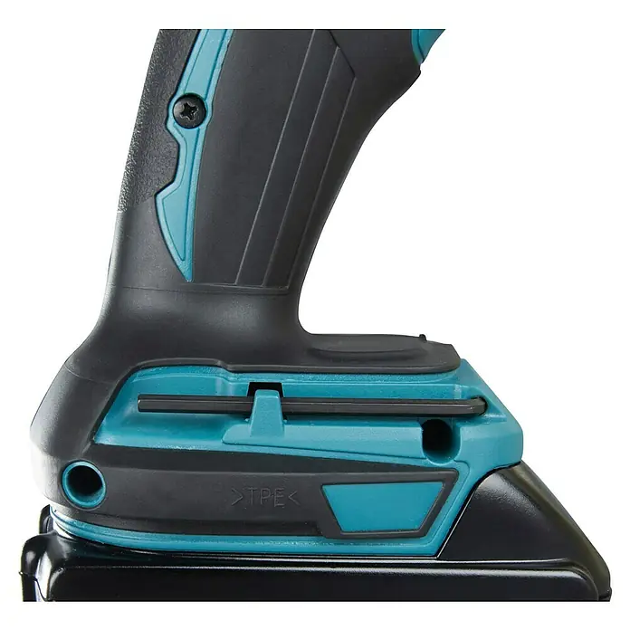Makita LXT 18V Akku-Säbelsäge DJR183RT1J - 18 V, 1 Akku, 5 Ah, Leerlaufhubzahl: 0 /min - 3.000 /min - Schwarz-türkisfarbener Elektrowerkzeuggriff mit TPE-Griff, Schraube und Akkuanschluss.