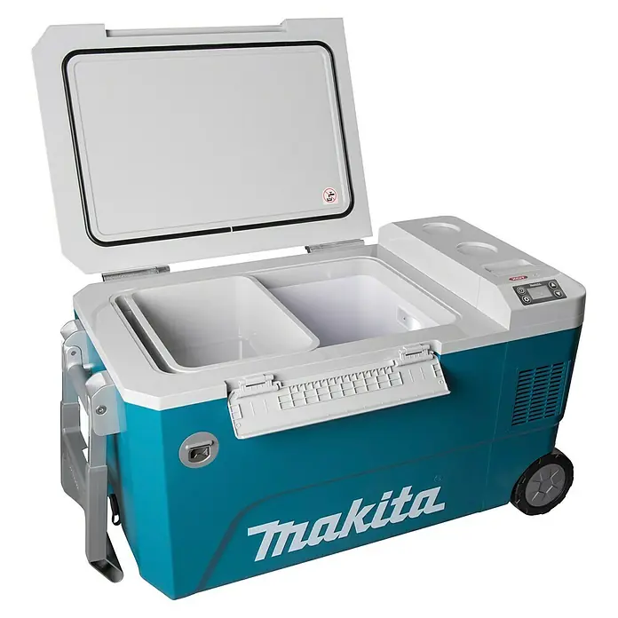 Makita Akku-Kühlbox zum Kühlen & Warmhalten CW002GZ01 - Ohne Akku, 50 l - Türkis-weiße Makita Kühlbox mit offenem Deckel, zeigt zwei Innenfächer, Bedienfeld, Räder und Griff.
