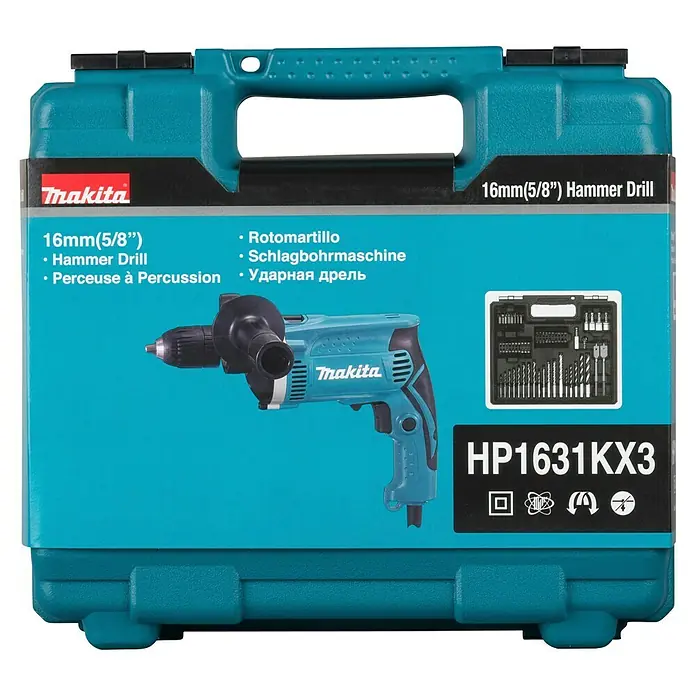 Makita Schlagbohrmaschine HP1631KX3 - 710 W, Schnellspannbohrfutter - Türkiser Makita Bohrhammer in Koffer mit Bohrer-Set. Modell HP1631KX3, 16mm (5/8") Kapazität.