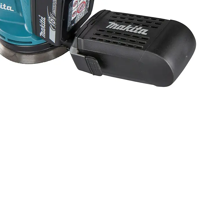 Makita LXT 18V Lijadora excéntrica de batería DBO180RTJ -  - Herramienta eléctrica Makita turquesa con batería de iones de litio de 18V negra. Logotipo Makita visible en ambos.
