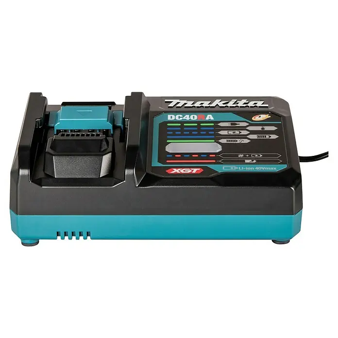 Makita XGT 40V max. Schnellladegerät DC40RA - Passend für: Makita 40 V max. XGT-Akkus - Makita DC40RA XGT Li-ion 40Vmax Akkuladegerät in Schwarz-Türkis mit Batterieschacht und Ladeanzeige.