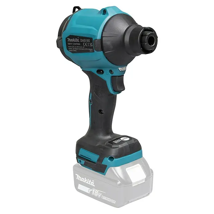 Makita LXT 18V Akku-Gebläse DAS180Z - 18 V, Ohne Akku, 200 mm/s - Makita DAS180 18V Akku-Gebläse/Staubsauger in Türkis und Schwarz, mit einem 18V Lithium-Ionen-Akku verbunden.
