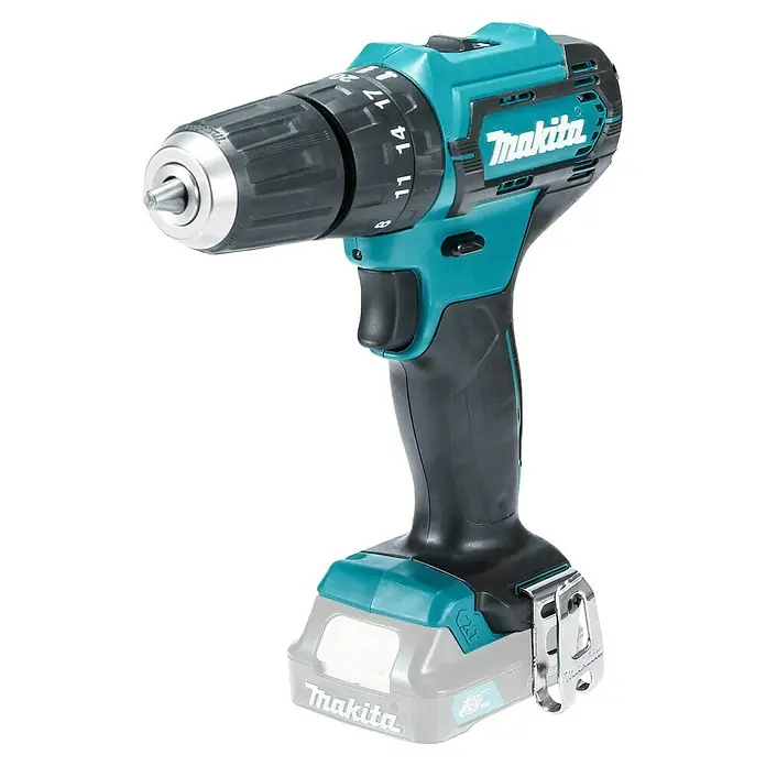Makita CXT 12V max. Akku-Schlagbohrschrauber HP333DZ - 12 V, Ohne Akku, 30 Nm, Ohne Akku und Zubehör - Makita 12V Akku-Bohrschrauber in Türkis und Schwarz, mit silbernem Bohrfutter und Gürtelclip, zeigt Kupplungseinstellungen.