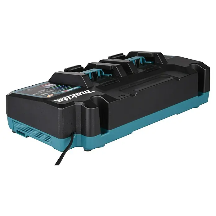 Makita XGT 40V max. Cargador de baterías DC40RB - 40 V, Específico para: Baterías XGT de 40V y LXT de 18V con adaptador - Cargador Makita DC40QB múltiple de 4 puertos, negro y turquesa, para baterías de herramientas eléctricas.