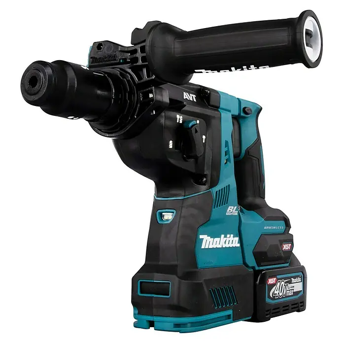 Makita XGT 40V max. Akku-Kombihammer HR004GM201 - 40 V, 2 Akkus, 2,9 J - Makita Bohrhammer in Türkis und Schwarz mit Zusatzhandgriff und 40V XGT Akku.