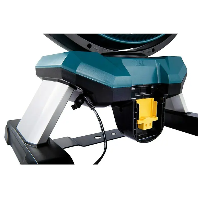 Makita LXT 18V Akku-Ventilator DCF301Z - 18 V, Ohne Akku - Türkisfarbene und schwarze Werkzeugbasis mit gelbem Akkufach und angeschlossenem schwarzem Netzkabel.