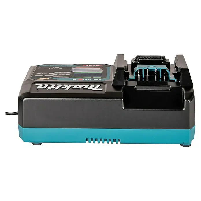 Makita XGT 40V max. Schnellladegerät DC40RA - Passend für: Makita 40 V max. XGT-Akkus - Schwarz-türkises Makita XGT 40Vmax Akku-Ladegerät mit Ladeanzeigen.