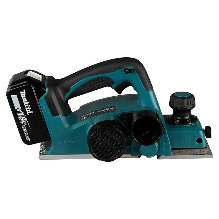 Makita LXT 18V Akku-Handhobel DKP180RTJ - 18 V, 2 Akkus, Hobelbreite: 82 mm, 5 Ah - Makita 18V Akku-Hobelmaschine in Türkis und Schwarz, mit Akku, Griff und Tiefenverstellknopf.
