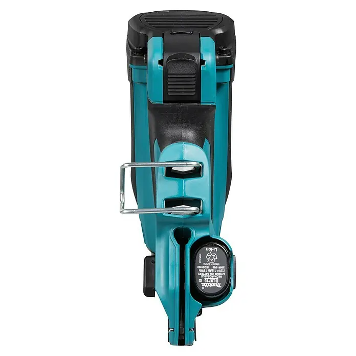 Makita Akku-Gasnagler GN900SE - 7,2 V, 2 Akkus, Länge Nagel: 50 mm - 90 mm - Draufsicht auf ein schwarz-türkises Makita Akku-Elektrowerkzeug mit sichtbarem Akku und Metallgürtelclip.