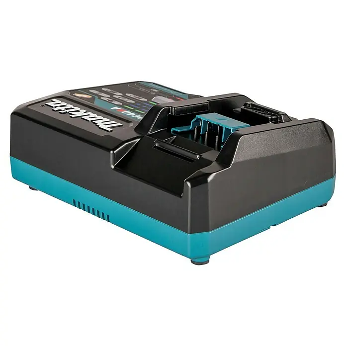 Makita XGT 40V max. Cargador rápido DC40RA - Específico para: Baterías Makita XGT máx. 40 V - Cargador de batería Makita DC40RA negro y turquesa con puerto de carga.