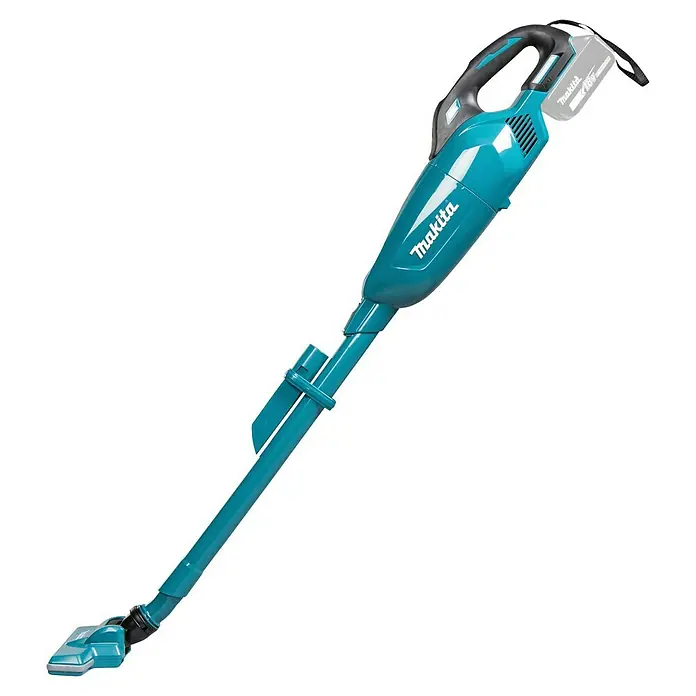 Makita LXT 18V Aspirador de batería DCL284F - 18 V, Sin batería, Volumen de recipiente: 0,73 l - Aspiradora escoba sin cable Makita 18V turquesa con detalles negros y batería gris, con boquilla para suelo y clip para accesorios.