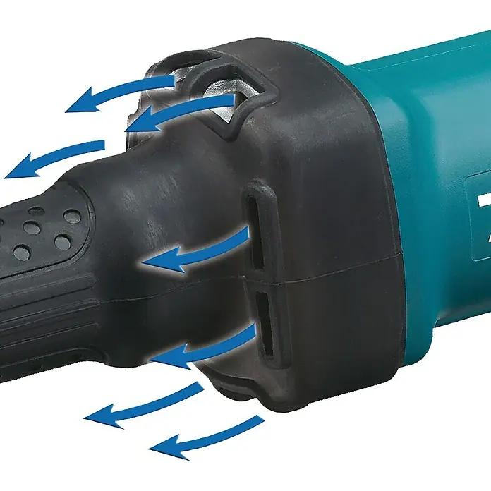 Makita Geradschleifer GD0600 - 400 W, 25.000 U/min - Türkises und schwarzes Elektrowerkzeug mit blauen Pfeilen, die den internen Luftstrom anzeigen.