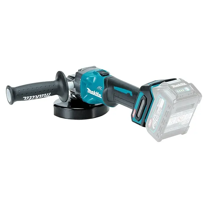 Makita XGT 40V max. Amoladora angular de batería GA008GZ - 40 V, Sin batería, Diámetro disco: 125 mm - Amoladora angular inalámbrica Makita en turquesa y negro, con batería XGT gris y empuñadura lateral negra.