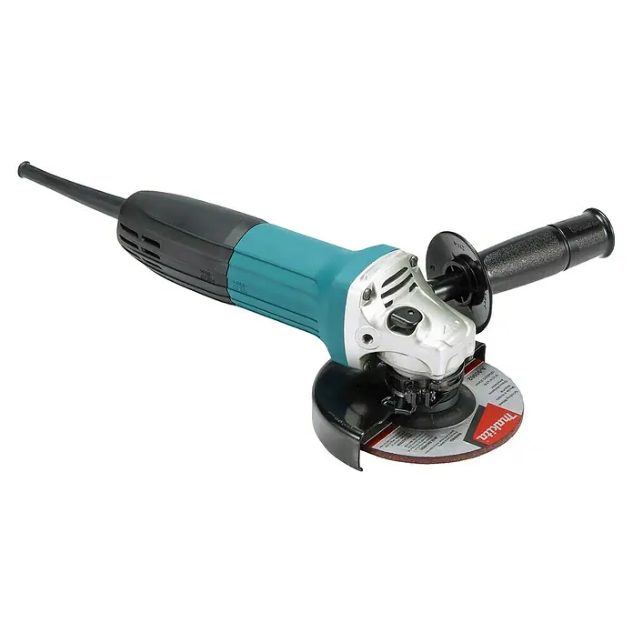 Makita Elektro-Winkelschleifer GA5030R - 720 W, 11.000 U/min - Eine türkis-schwarze Winkelschleifmaschine mit silbernem Kopf, schwarzem Seitenhandgriff und Makita Schleifscheibe.