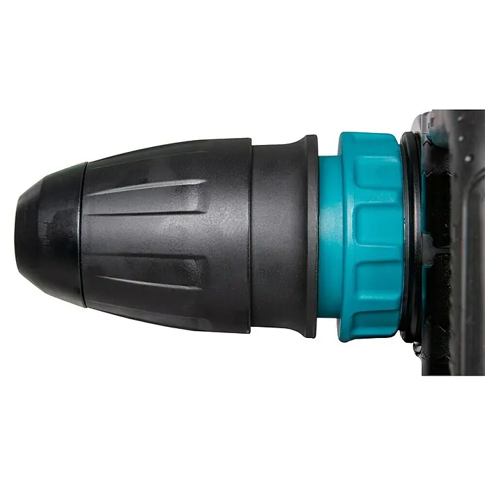 Makita Abbruchhammer HM1213C - 1.510 W, 18,6 J, SDS-Max-Aufnahme - Schwarzes und türkisfarbenes Bohrfutter, der Bohrerhaltemechanismus eines Bohrhammers.