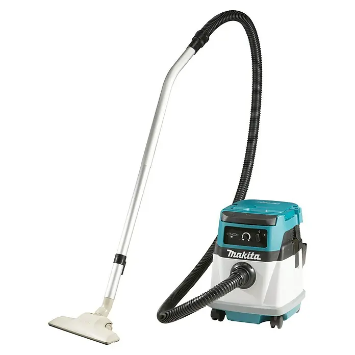 Makita LXT 18V Akku-Nass-Trockensauger DVC150LZ - 36 V, Ohne Akku, Behältervolumen: 15 l - Türkis und weißer Makita Nass-/Trockensauger mit schwarzem Schlauch, silberner Stange und beiger Bodendüse.
