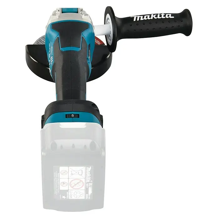 Makita LXT 18V Akku-Winkelschleifer DGA519Z - 18 V, Ohne Akku, Leerlaufdrehzahl: 3.000 U/min - 8.500 U/min - Makita Akku-Winkelschleifer mit türkisen Akzenten, schwarzem Griff und weißem Akkupack.