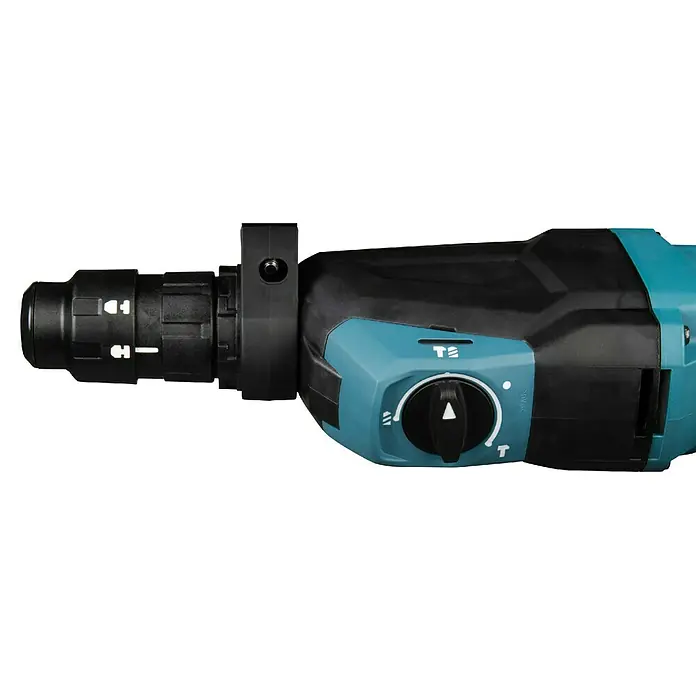 Makita Kombihammer HR2670FTX1 - 800 W, 3 J, SDS-Plus-Aufnahme - Seitenansicht eines schwarz-türkisen Bohrhammers mit Bohrfutter und Moduswahlschalter.