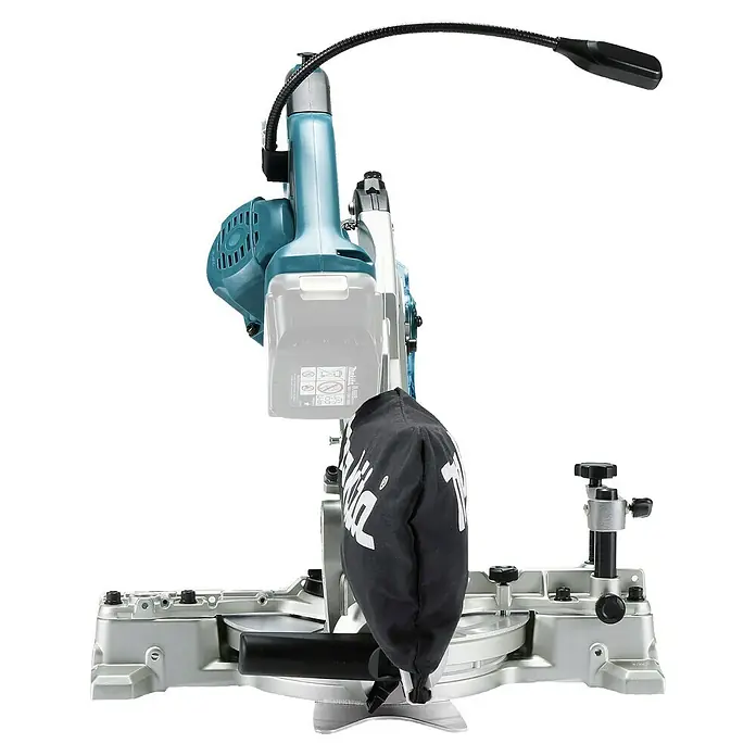 Makita LXT 18V Akku-Kapp- & Gehrungssäge DLS600Z - 18 V, Ohne Akku, Leerlaufdrehzahl: 5.000 U/min - Makita Akku-Kappsäge in Türkis und Silber, mit schwarzem Staubbeutel und flexibler LED-Arbeitsleuchte.