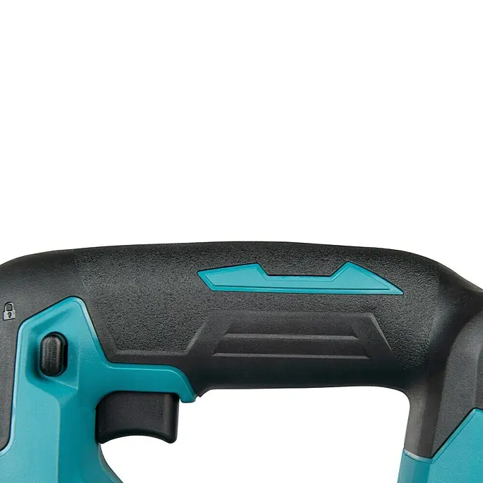 Makita LXT 18V Akku-Pendelhubstichsäge DJV186Z - 18 V, Ohne Akku, 2.900 /min - Schwarz-türkisfarbener Elektrowerkzeuggriff mit strukturierter Oberfläche, Abzug und Schloss-Symbol.