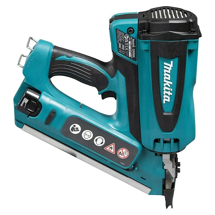 Makita Akku-Gasnagler GN900SE - 7,2 V, 2 Akkus, Länge Nagel: 50 mm - 90 mm - Türkisfarbene und schwarze kabellose Makita Nagelpistole mit ergonomischem Griff und Warnhinweisen.