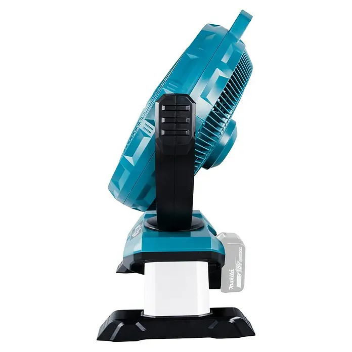 Makita LXT 18V Akku-Ventilator DCF301Z - 18 V, Ohne Akku - Ein türkisfarbener und schwarzer Akku-Gebläse auf einem Ständer, mit einer Makita 18V Lithium-Ionen-Batterie.