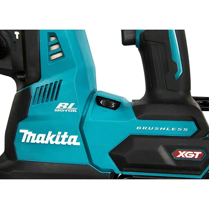 Makita XGT 40V max. Akku-Kombihammer HR003GM201 - 40 V, 2 Akkus, 4 Ah, 2,8 J - Nahaufnahme eines türkisfarbenen und schwarzen Makita-Elektrowerkzeugs mit bürstenlosem BL-Motor, XGT-Technologie und einem Wählrad mit 5 Einstellungen.